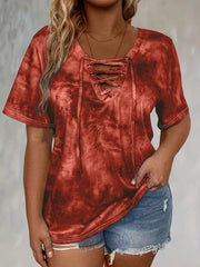 Plus Size Tie Dye Print Women's T-Shirt with Drape Neck and Short Sleeves