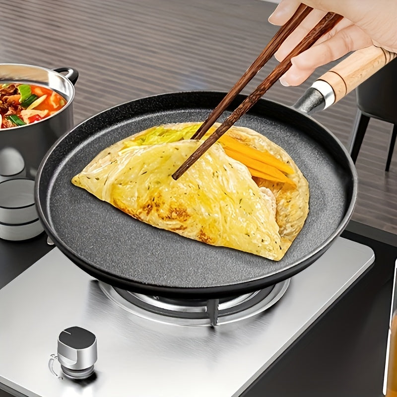 Cast Iron Non-Stick Frying Pan with Wooden Handle and Omelette Roll Maker