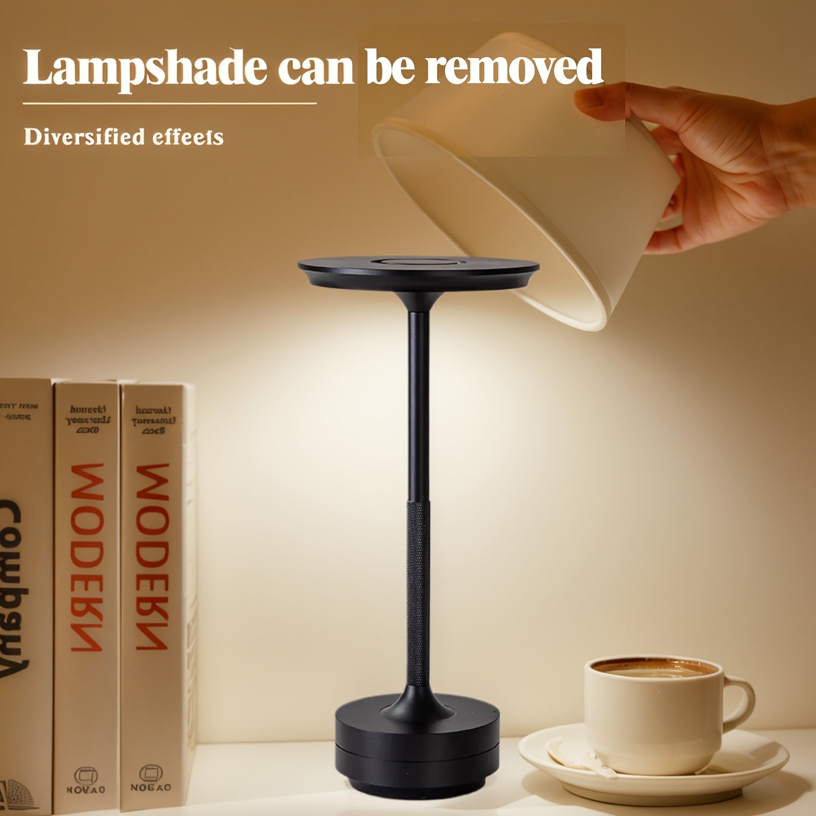 Rechargeable Metal Table Lamp with Touch Control, 3 Color Temperatures, Stepless Dimming, Removable Shade