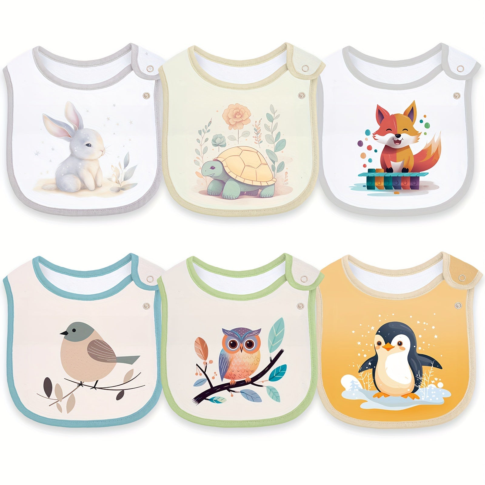 Set of 6 Waterproof Feeding Bibs for Boys and Girls Adjustable Snaps Cartoon Print