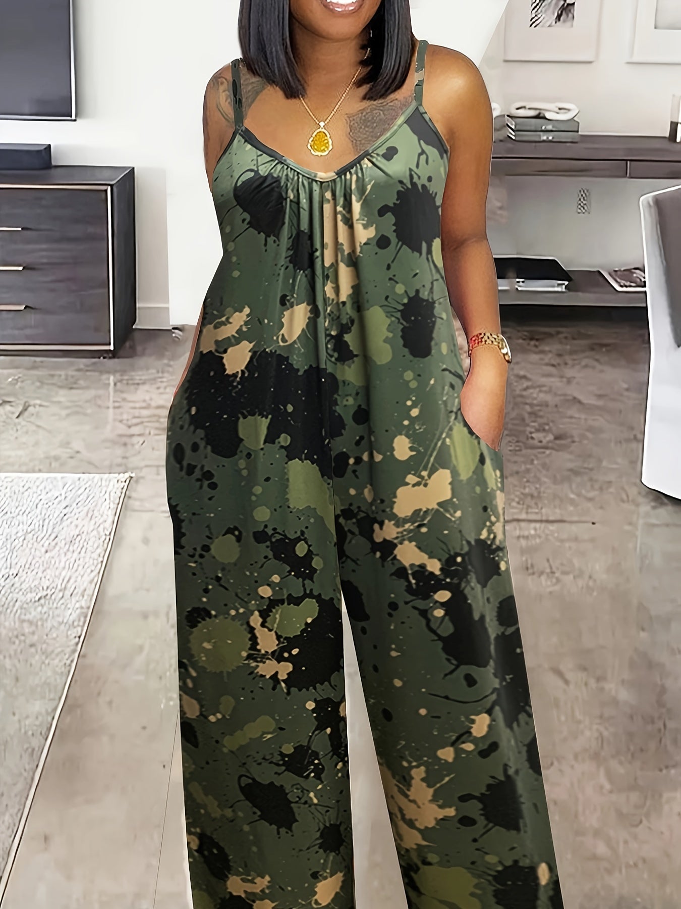 Women's Plus Size Splash Print Cami Jumpsuit With Pockets