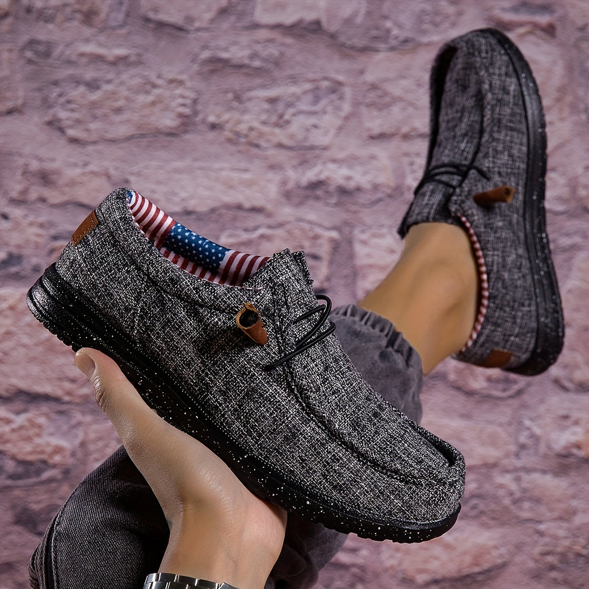 Men's Casual Loafers Breathable Fabric Upper Non-Slip EVA Sole American Flag Accent