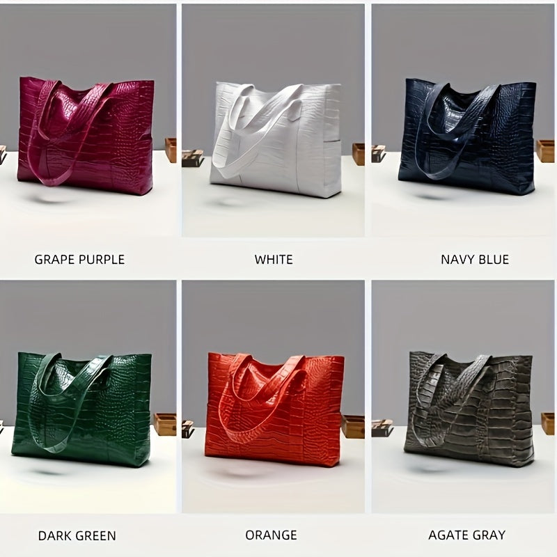 Blue Crocodile-Embossed PU Tote Bag with Zipper Closure for Women