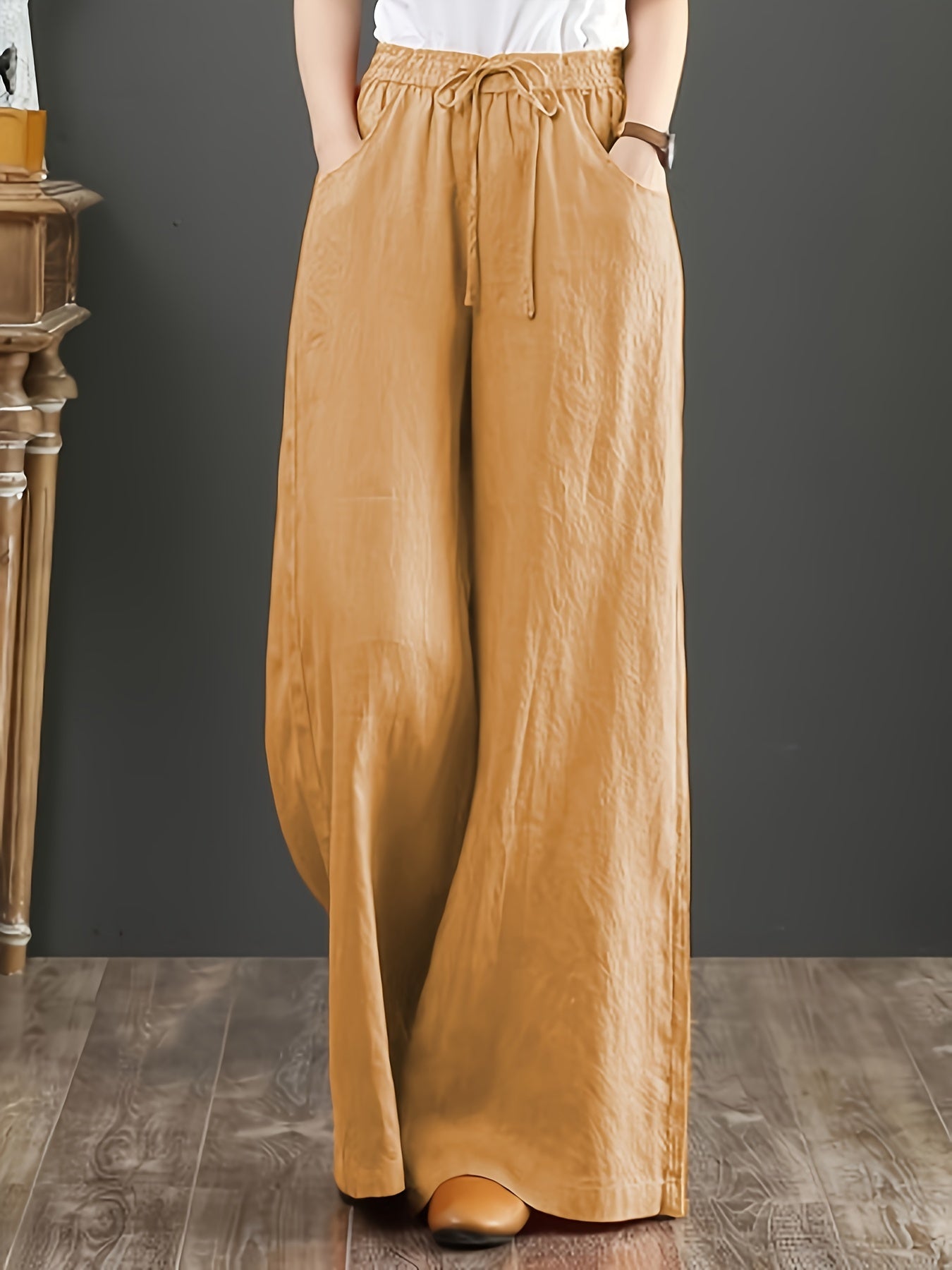 Pantalones de algodón de pierna ancha para mujer, de cintura alta y largo hasta el suelo, estilo de vacaciones, para todas las estaciones