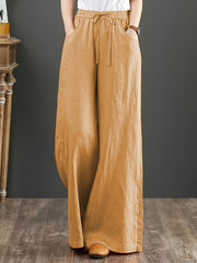 Pantalones de algodón de pierna ancha para mujer, de cintura alta y largo hasta el suelo, estilo de vacaciones, para todas las estaciones