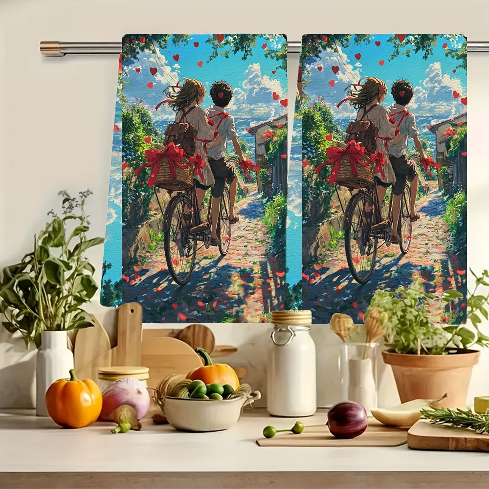Set of 2 Ultra-Soft Kitchen Towels with Anime Couple Bicycle Design