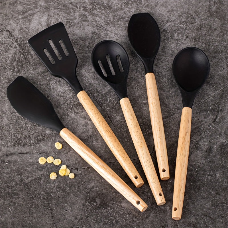Set of 5 Silicone Kitchen Utensils with Wooden Handles Non-Stick Food-Safe Easy to Clean