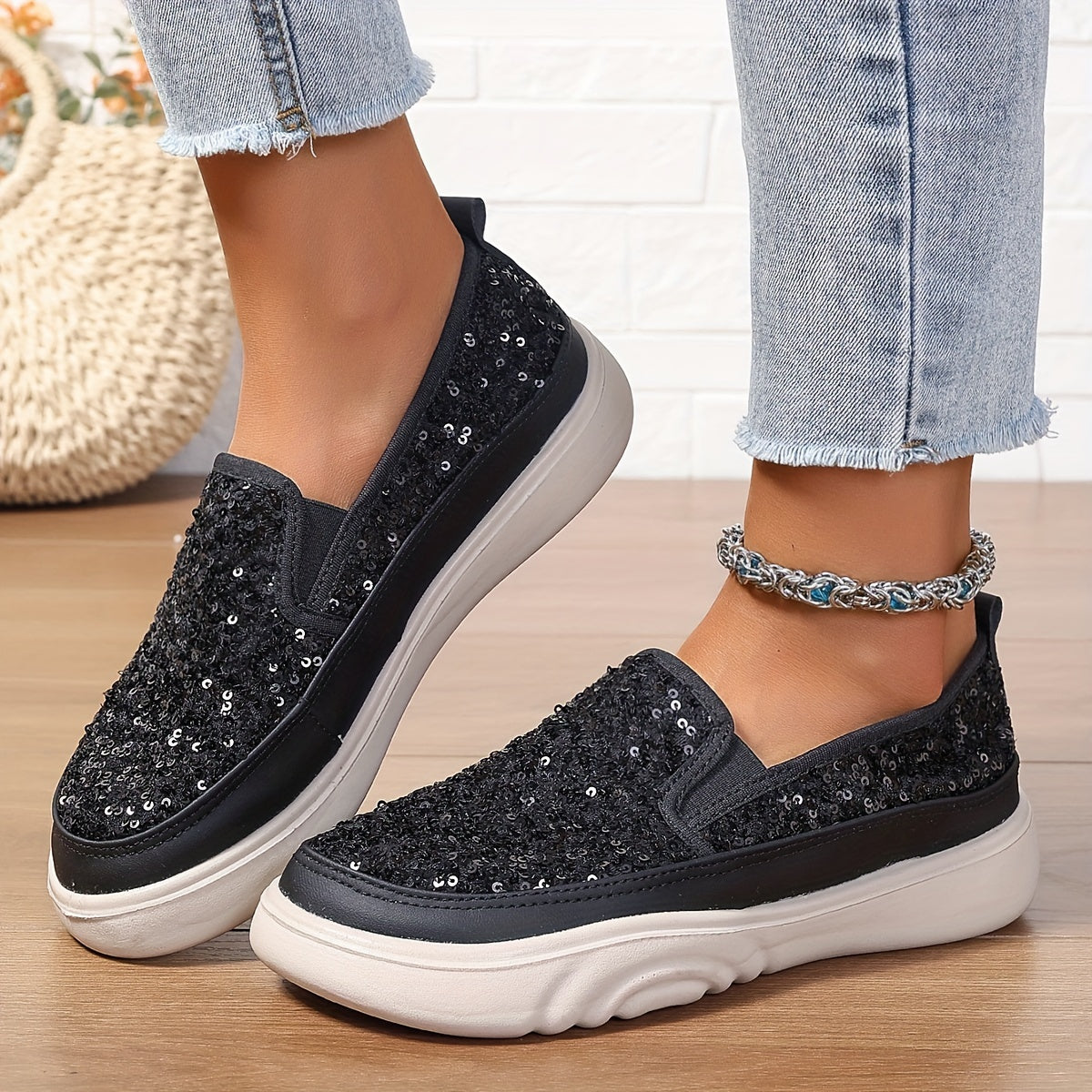 Women's Sequin Embellished Loafers Black White Casual Breathable Shoes