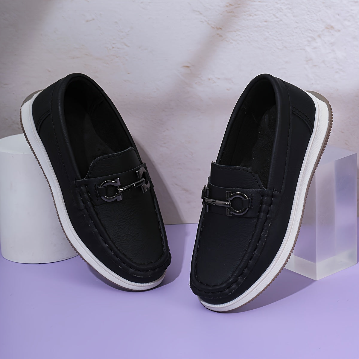 Boys Girls Toddler Solid Color Low Top PU Leather Slip On Round Toe Loafers