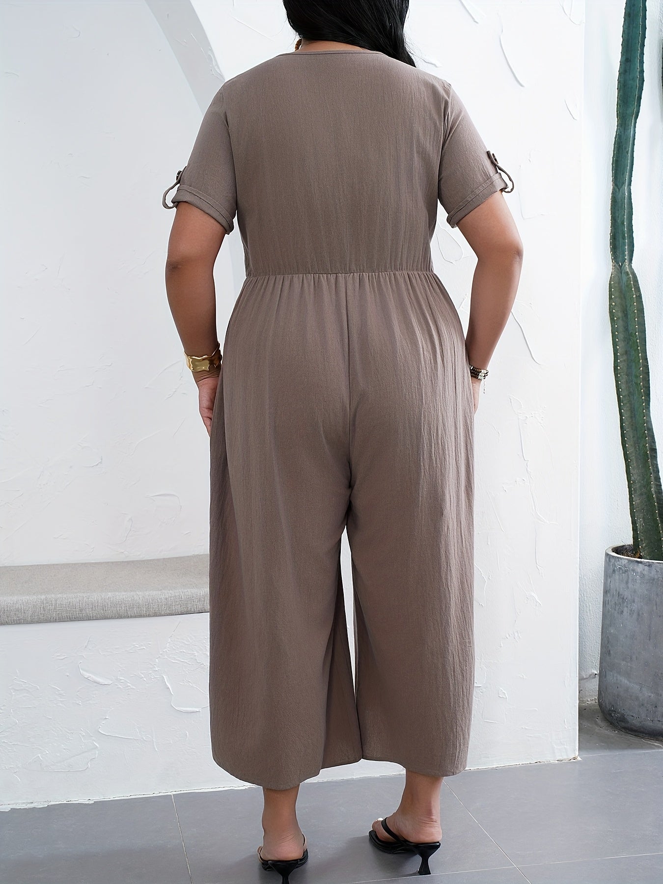 Plus Size Women’s Polyester Jumpsuit with Button Details Solid Color