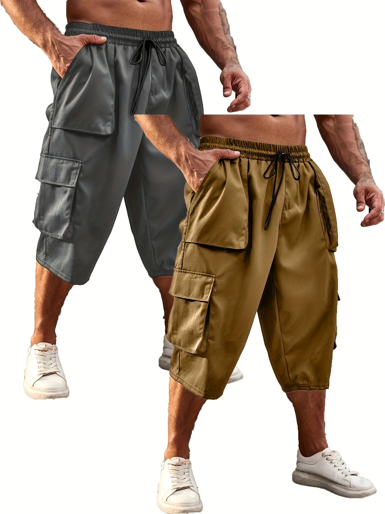 Plus Size Men's Work Shorts and Seven-Eighths Pants Set Polyester Solid Color Large Size