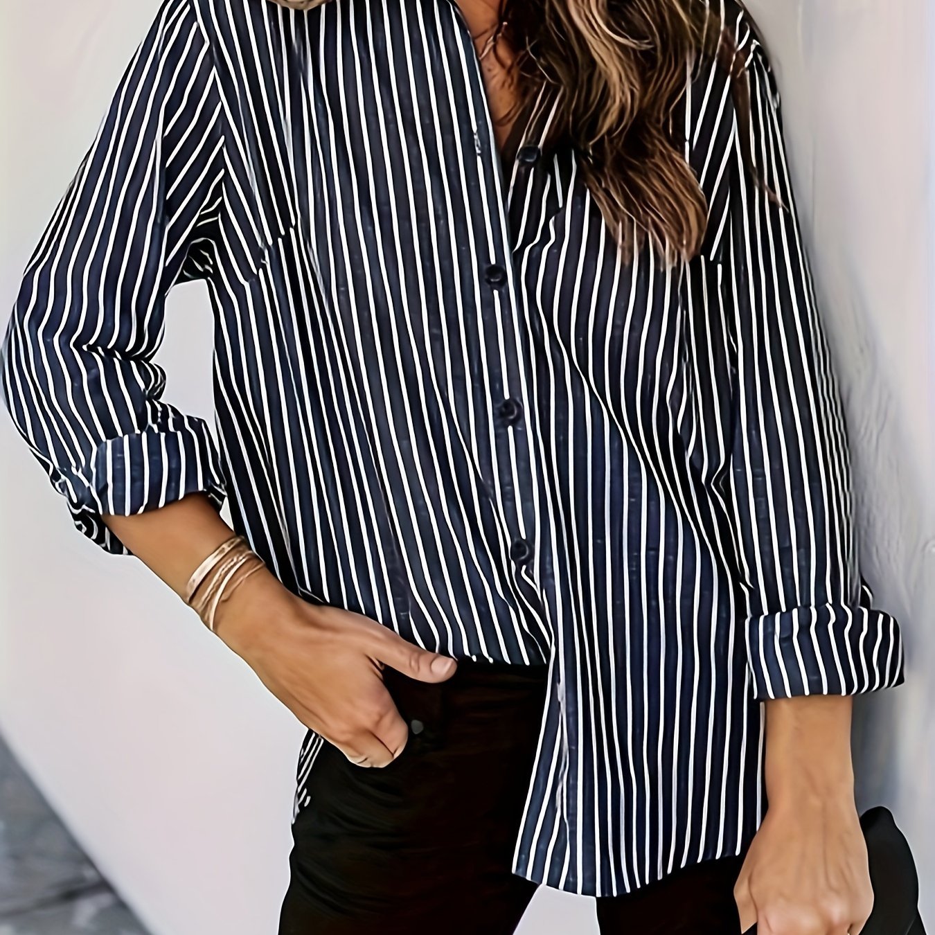 Women's Long Sleeve Striped Button-Up Shirt with Chest Pocket