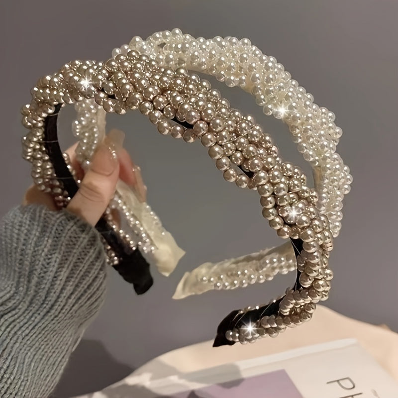 2-Piece Pearl Headband Set Vintage Plastic Headbands with Imitation Pearls for Weddings and Daily Wear
