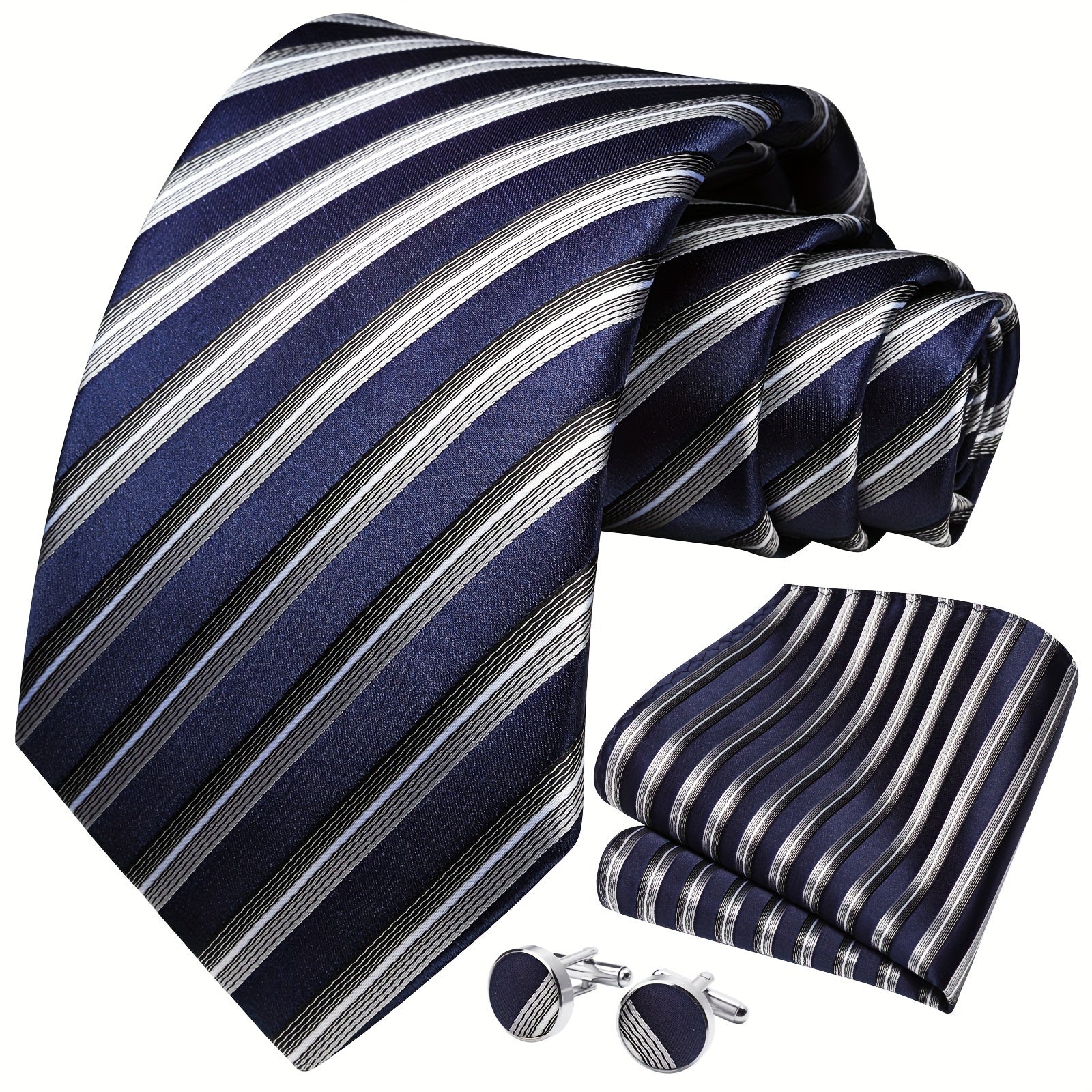 Men's Striped Necktie Cufflink Handkerchief Set for Business and Gifting