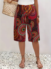 Women's Plus Size Bohemian Print Bermuda Shorts Summer Beachwear Vibrant Red Orange Black