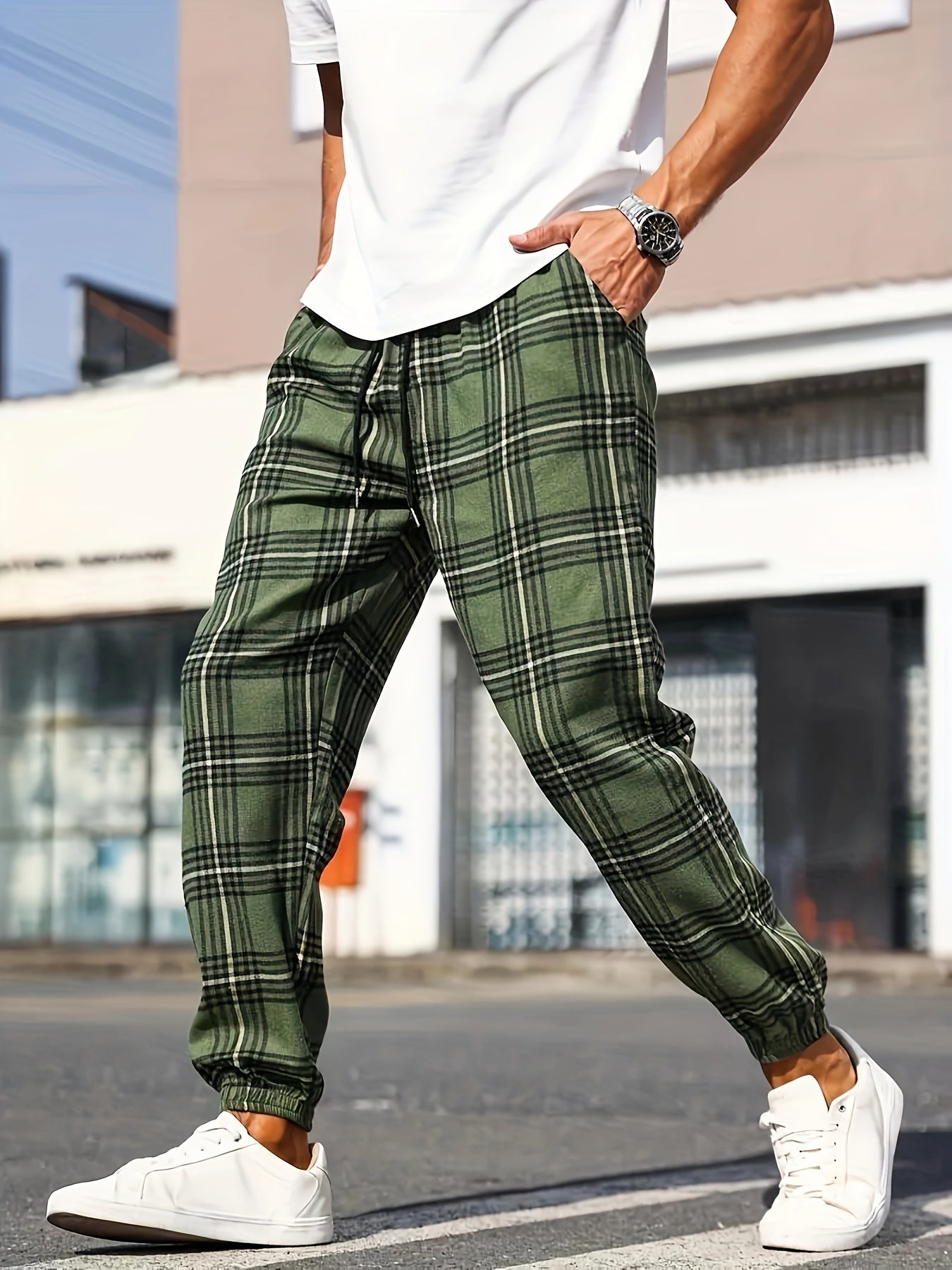 Men's Plus Size Plaid Jogger Pants with Drawstring Casual Sportswear