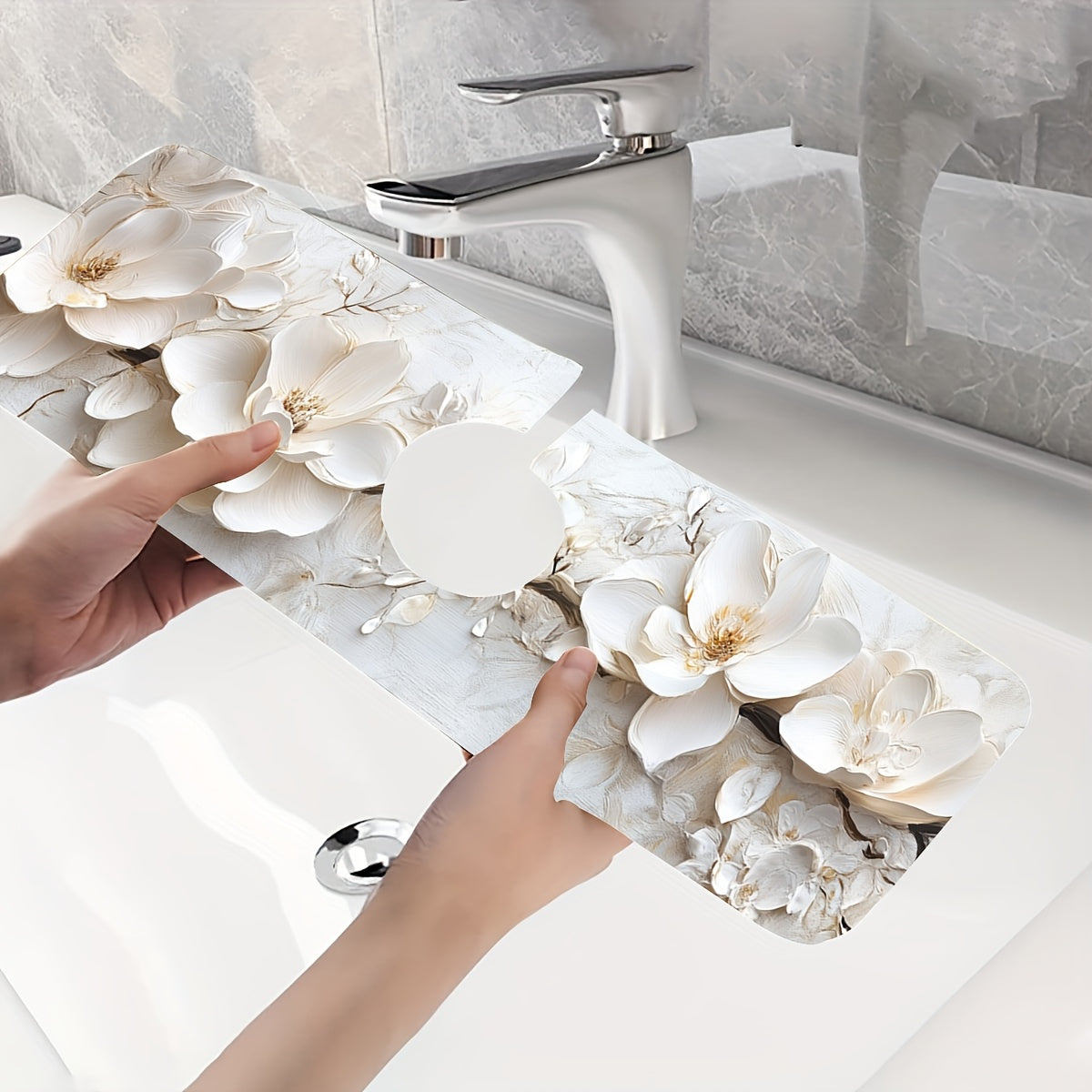 3D Floral Faucet Mat White Moisture-Proof Polyester with Suction Cup