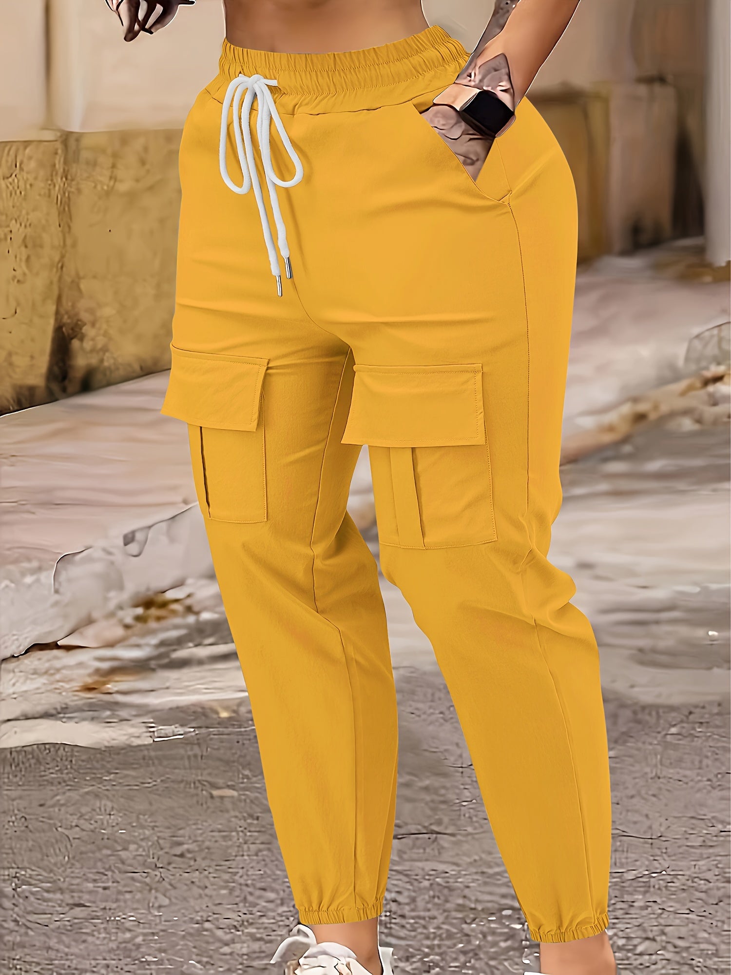 Plus Size Cargo Pants Fitted Flap Pockets Drawstring Casual Summer Women