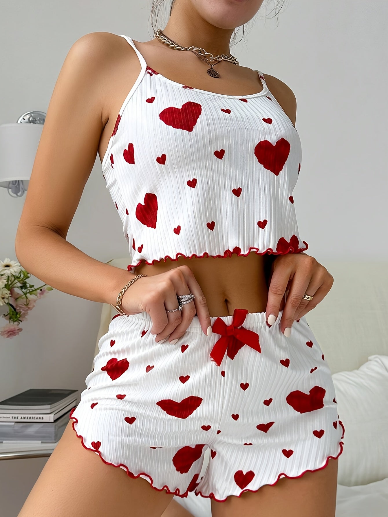 Women's Heart Print Ribbed Pajama Set with Crop Top and Shorts for Summer Nightwear