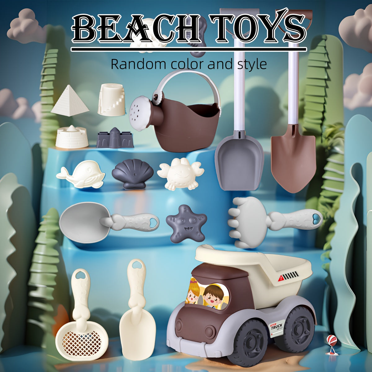 Children's Beach Toy Set with Shovel Bucket Car and Tower in Grey for Ages 3+