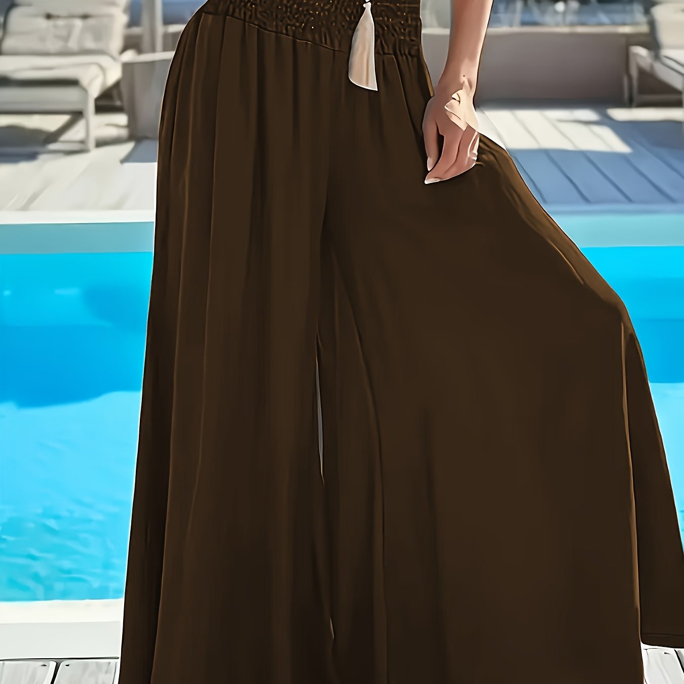 Plus Size Women's High-Waisted Wide Leg Pants Solid Green Polyester Casual