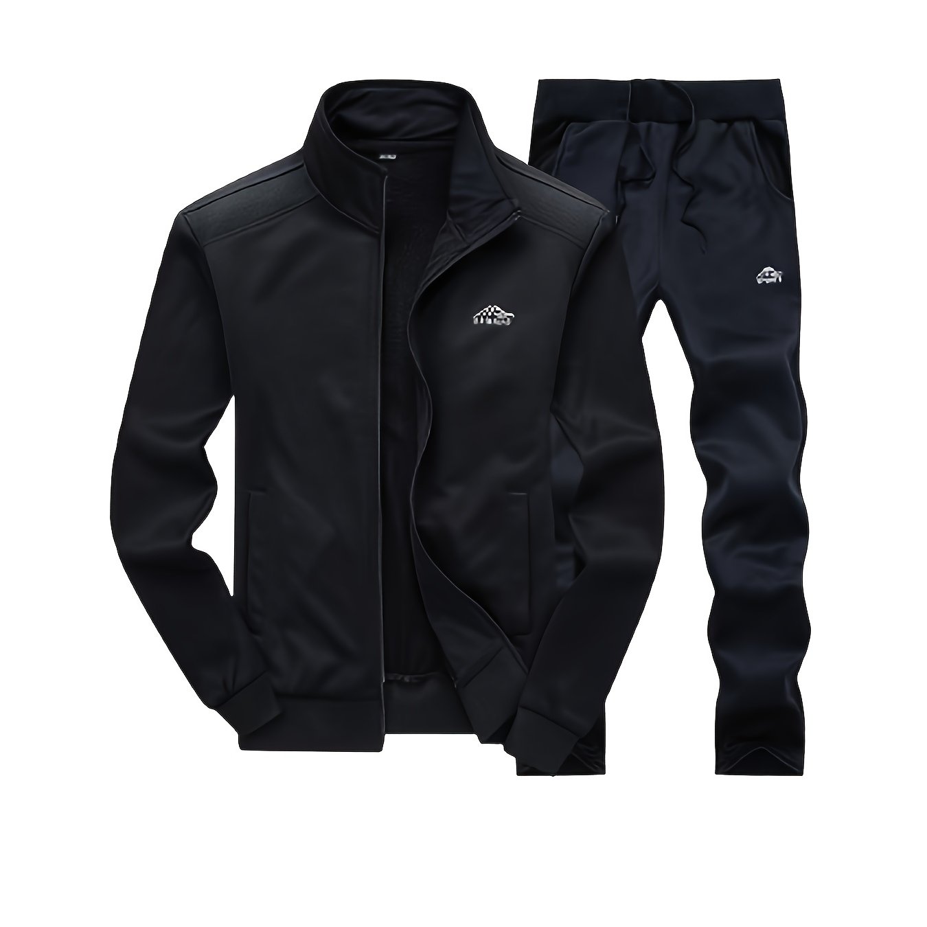 Men's Polyester Embroidered Sports Suit Set with Long Sleeve Zip-Up Jacket and Pants