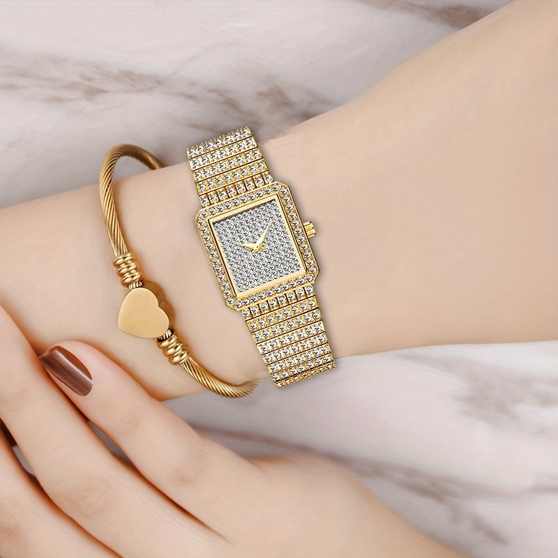 Women's Gold Square Watch Minimalist Analog Quartz Ice Watch Elegant Jewelry