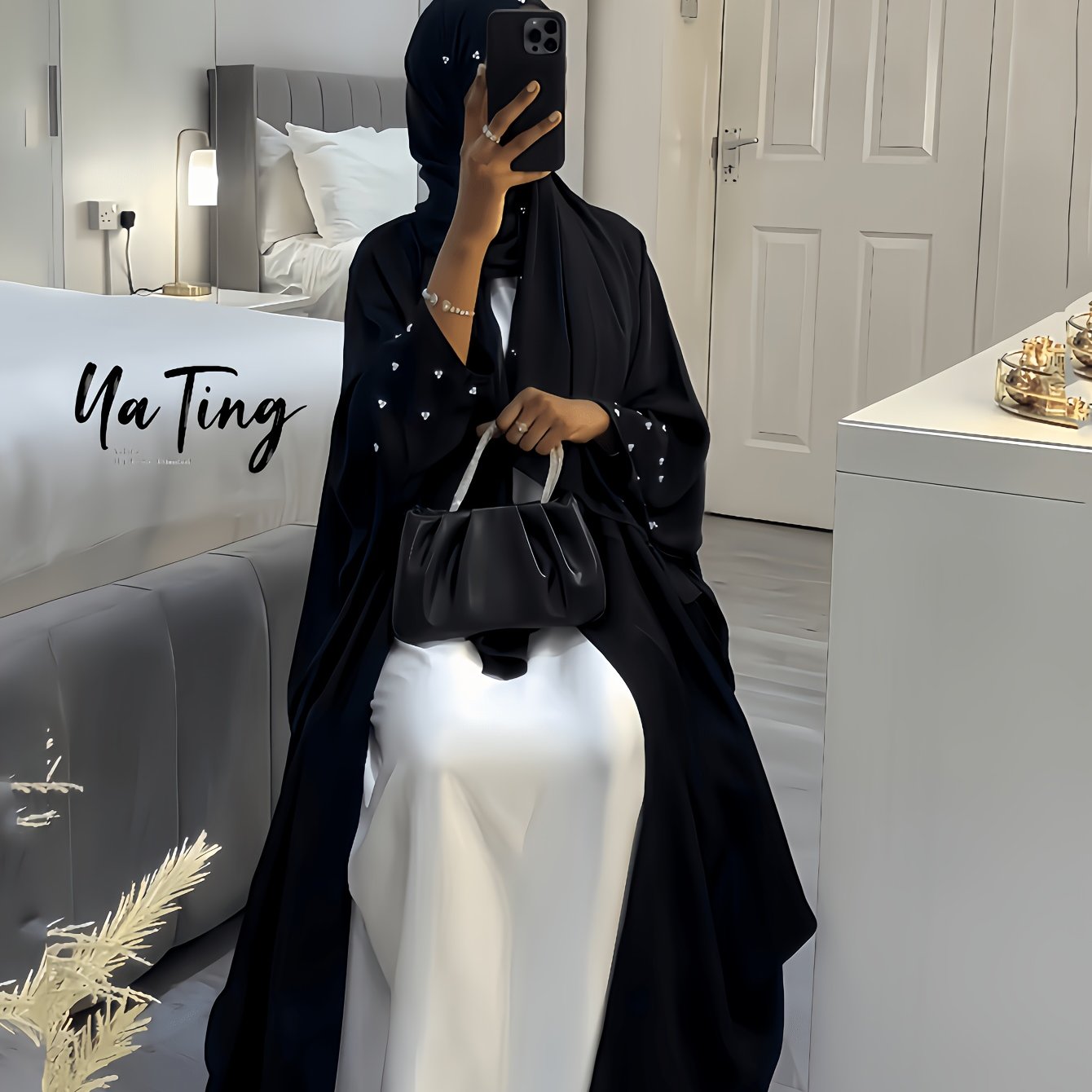 Plus Size Black Abaya With Pearl Embellishments for Women All-Season Kaftan