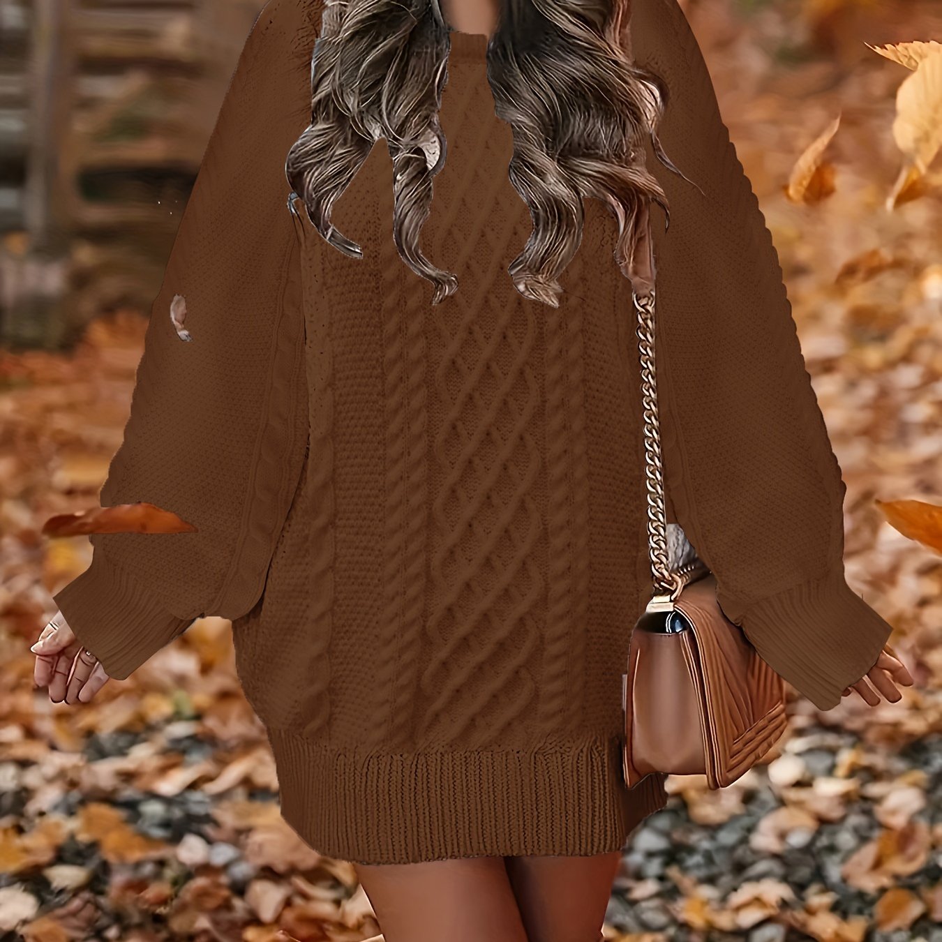 Women's Plus Size Cable Lantern Sleeve Sweater Dress Mini Fit