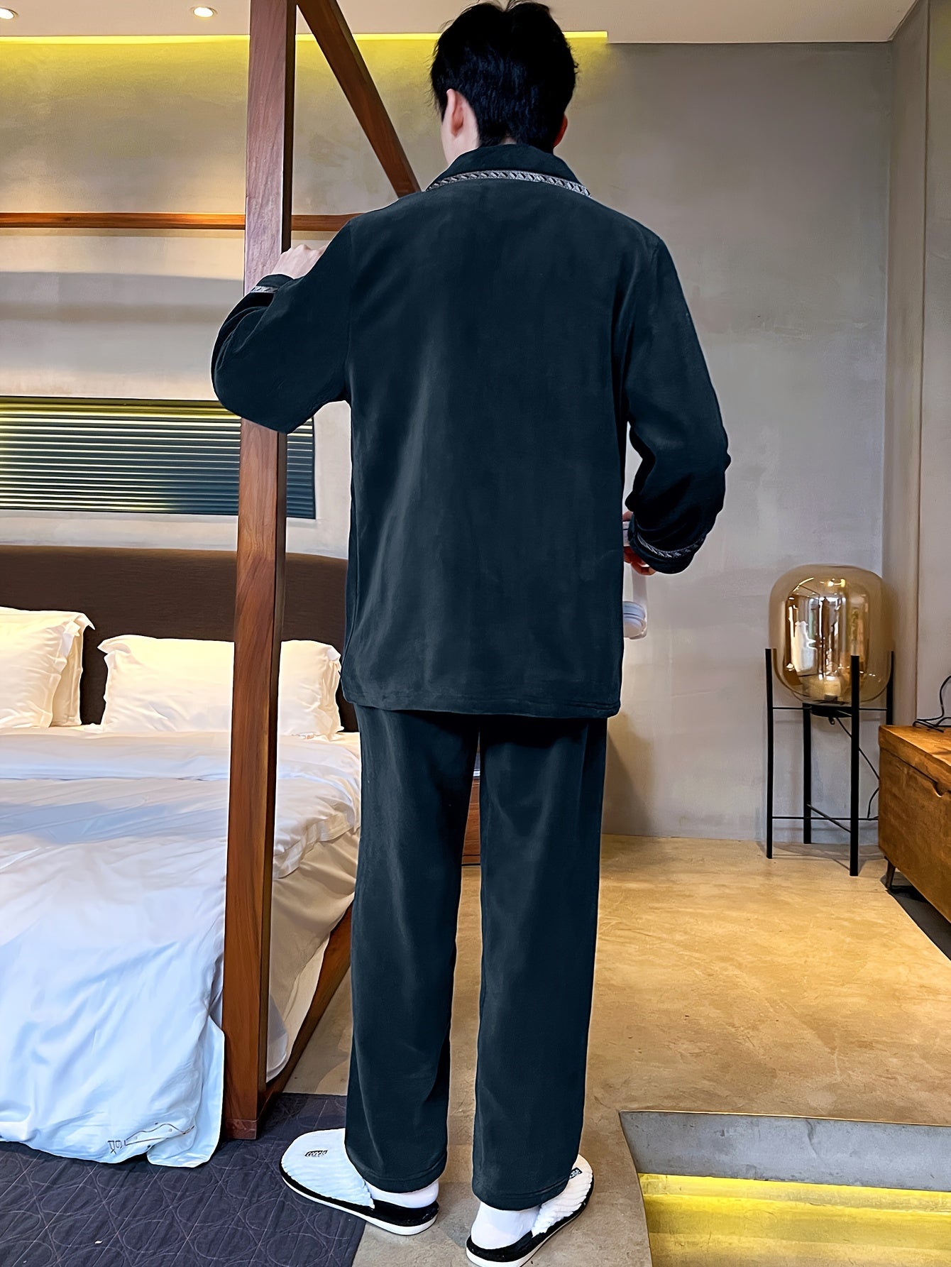 Conjunto de pijama de franela a rayas casual para hombre, de manga larga, de punto, poliéster, de corte holgado, para otoño e invierno