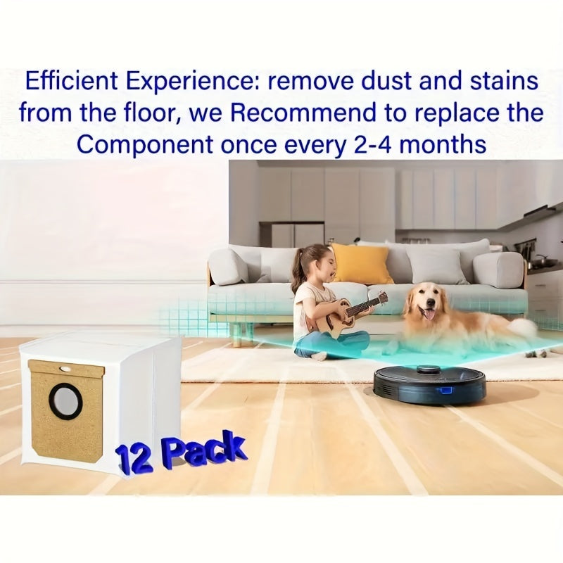 Упаковка из 12 сменных мешков для пыли для робота-пылесоса eufy L60 SES/L50 SES Hybrid с автопустой станцией, совместима с пылесосами Haier H9+ и Conga 9090 AI, включает в себя насадку для протирки из ткани.
