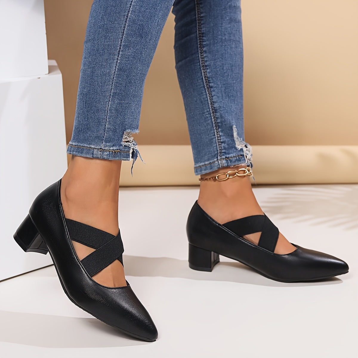 Women's Black Pointed Toe Pumps with Cross Straps and Chunky Heel