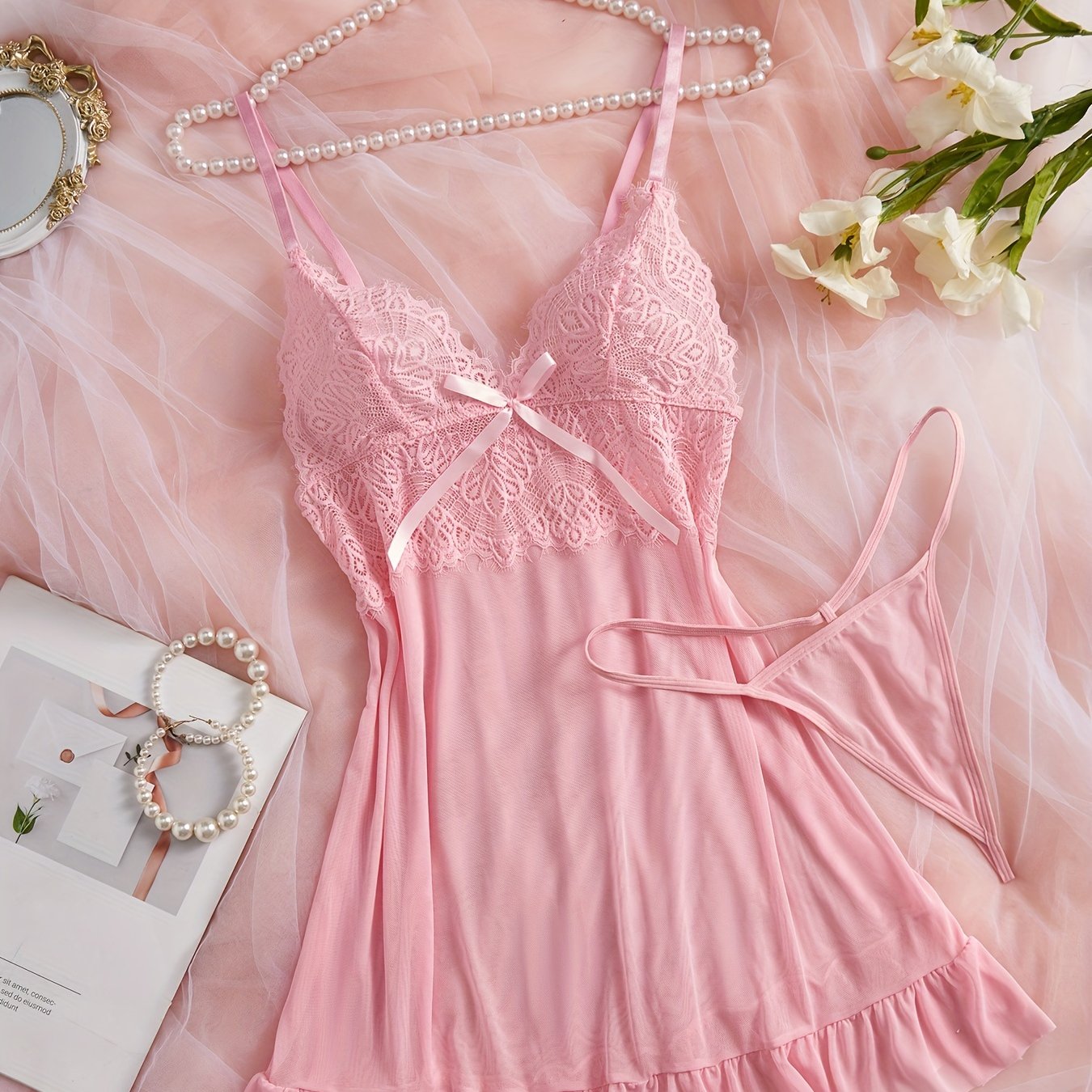 Women's Satin Pajama Set with V-Neck Lace Hem and Lace Strap Skirt