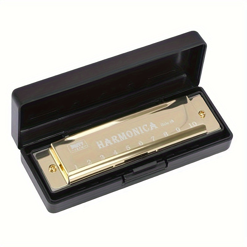 Stainless Steel 10-Hole Diatonic Harmonica Golden with Protective Case for Beginners