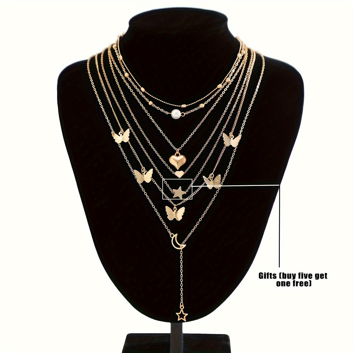 6 ta nafis pandantli marjonlar to'plami, qurt, yulduz, oy va yurak charmalar bilan. Sink qotishmasidan tayyorlangan, qoplamasiz. Ayollar uchun ko'p qirrali moda zargarlik buyumlari, kundalik kiyish yoki ta'til uchun mukammal.