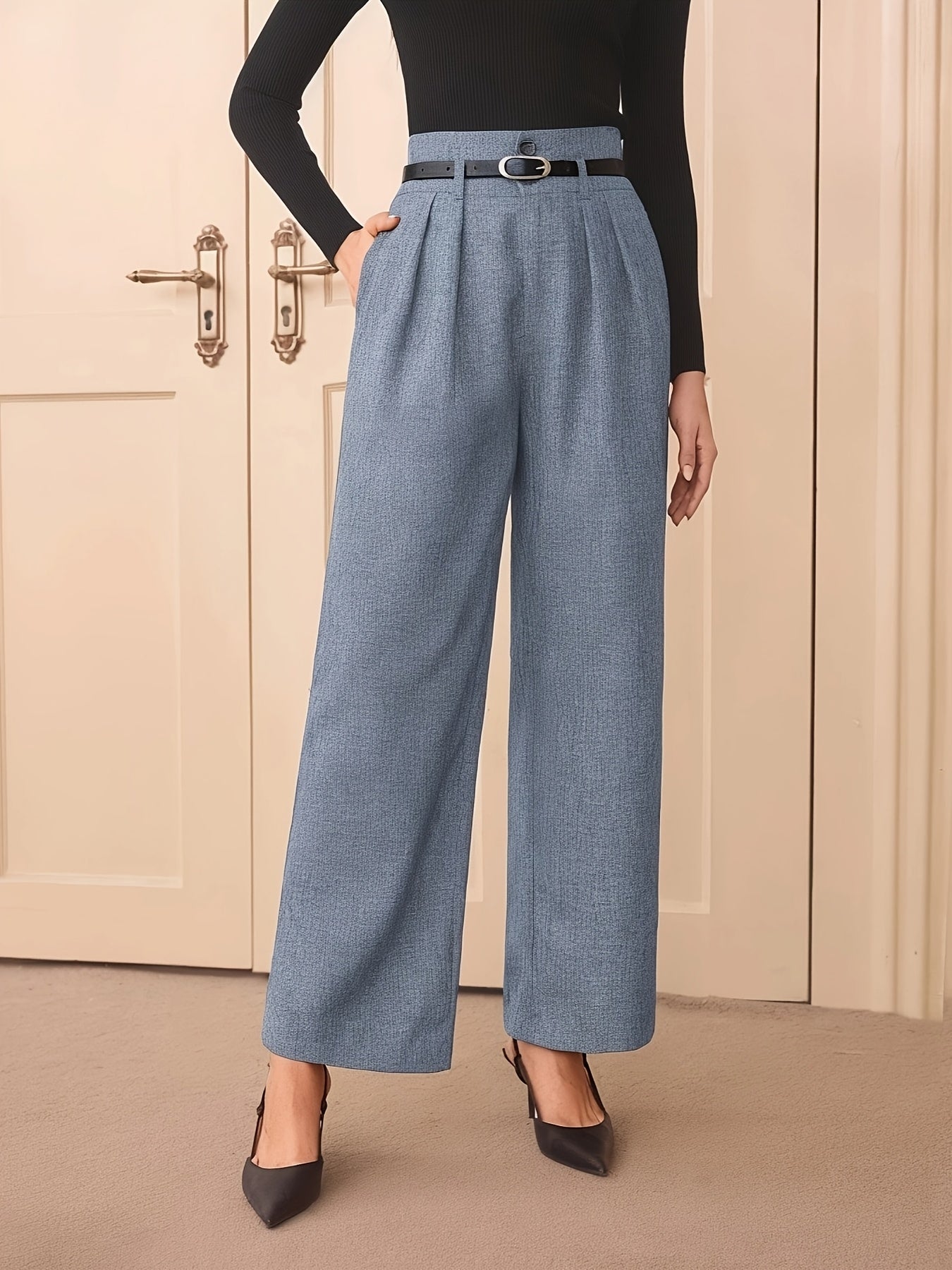 Women's High-Waist Gray Wide Leg Pants Polyester Non-Stretch All-Season Elegant Long