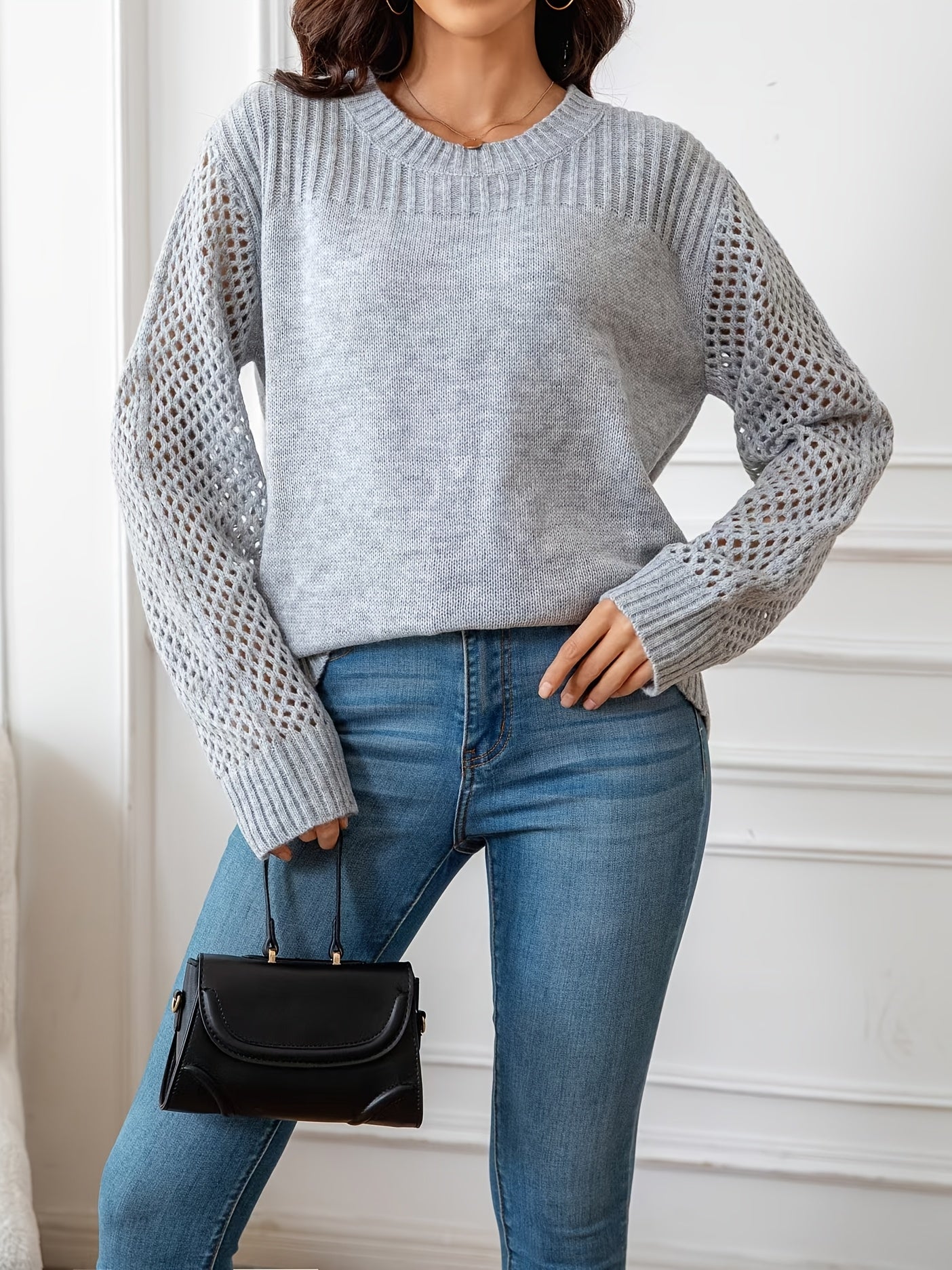 Plus Size Hollow Out Knitted Sweater Casual Long Sleeve Pullover Women