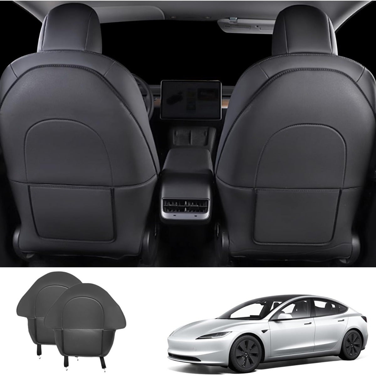 2pcs Back Seat Protectors for Tesla Model 3 Y PU Leather Kick Mats Storage