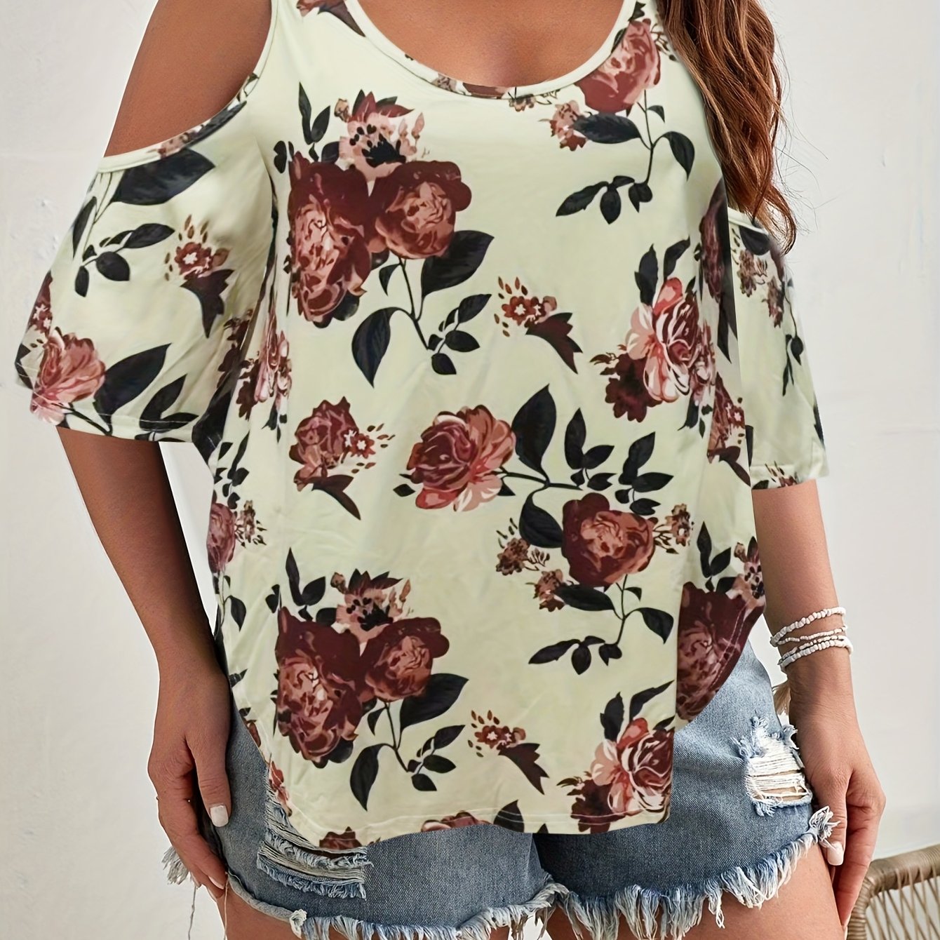 Women's Plus Size Floral Off Shoulder Ruffle Top Casual Sleeveless Summer Light Green Orange Black