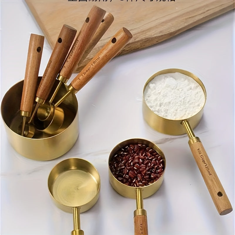 Set of 4 or 8 Stainless Steel Measuring Cups and Spoons with Wooden Handles