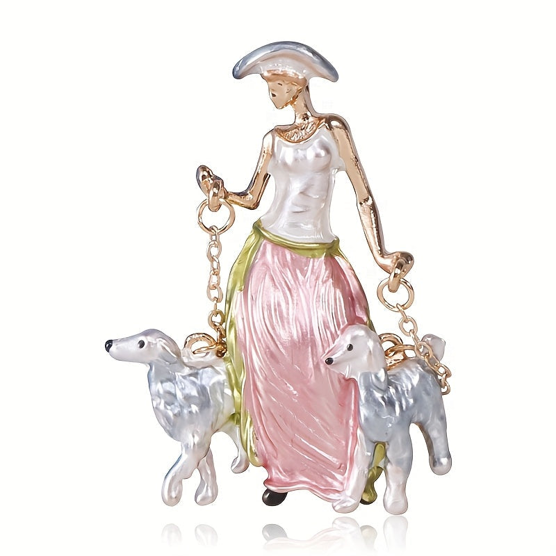 Enamel Brooch Girl Walking Dog Cartoon Animal Cute Jewelry Accessories