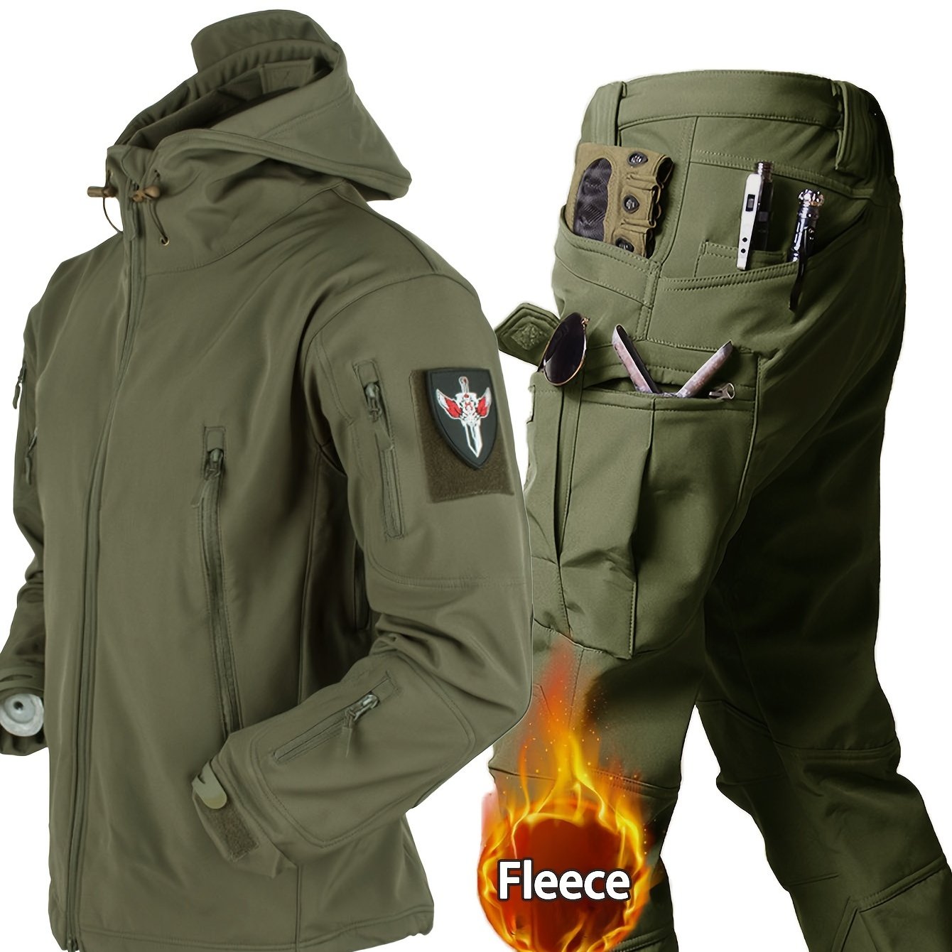 Men's Tactical Winter Camo Set Hooded Windproof Jacket Cargo Pants Fleece Lined Polyester Spandex