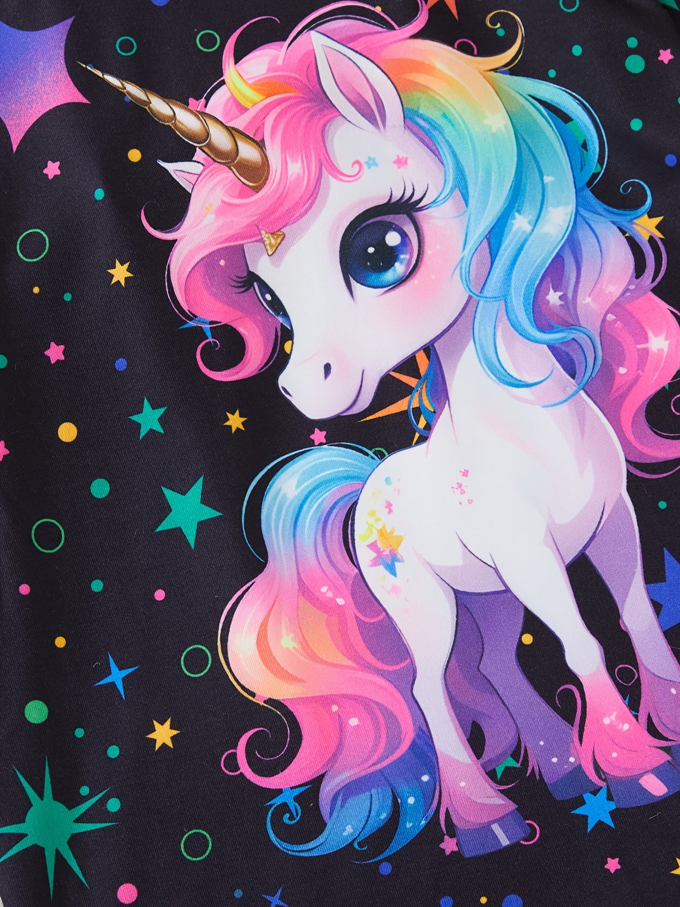 Qizlar uchun 2-qismli to'plam, yoqimli unicorn kapyushoni va yulduzli osmon shimlari bilan, UV nur yoritilishi bilan ochiq havoda kiyish uchun mukammal.