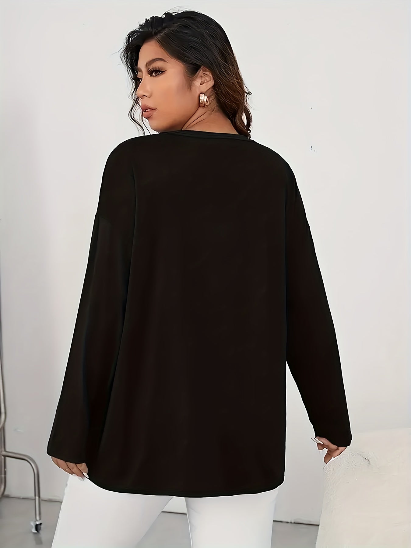 Plus Size Women's Oversized Long Sleeve T-Shirt Black Casual Top