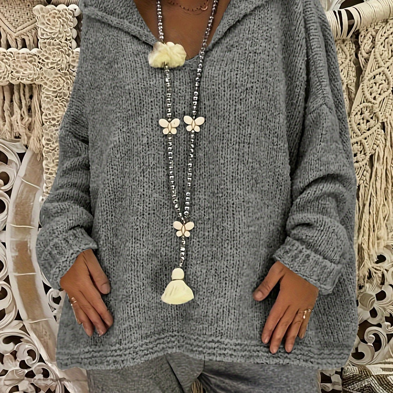 Women's Plus Size Solid Color Hooded Sweater Polyester Pullover with Ribbed Details