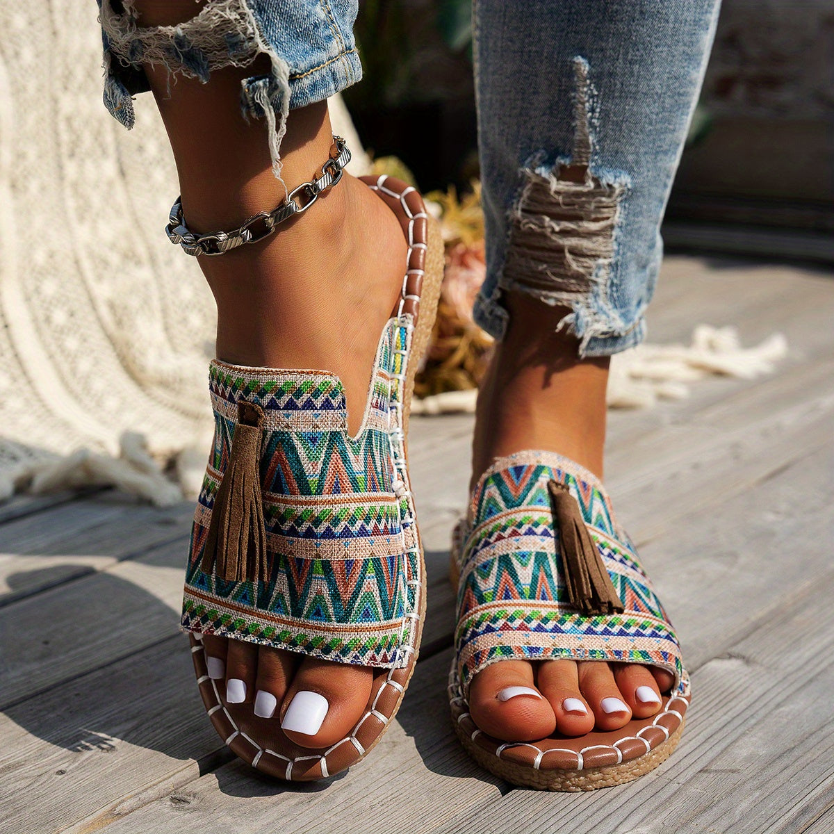 Women's Bohemian Tassel Sandals Open Toe Flats with Colorful Stripes