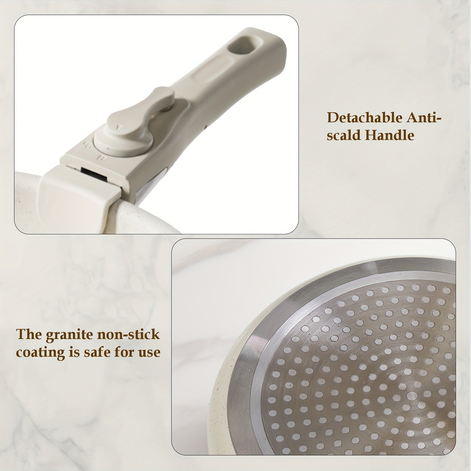 12-Donali oq granitli yopishqoqsiz idishlar to'plami, olib tashlanadigan tutqichlar bilan, induksiya mos