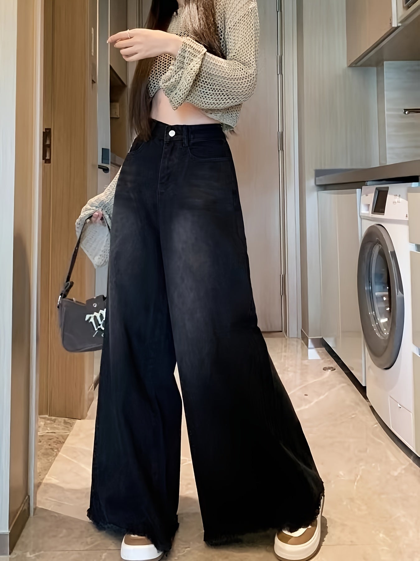 Plus Size High-Waist Wide-Leg Denim Jeans for Women Black Gray Frayed Hem