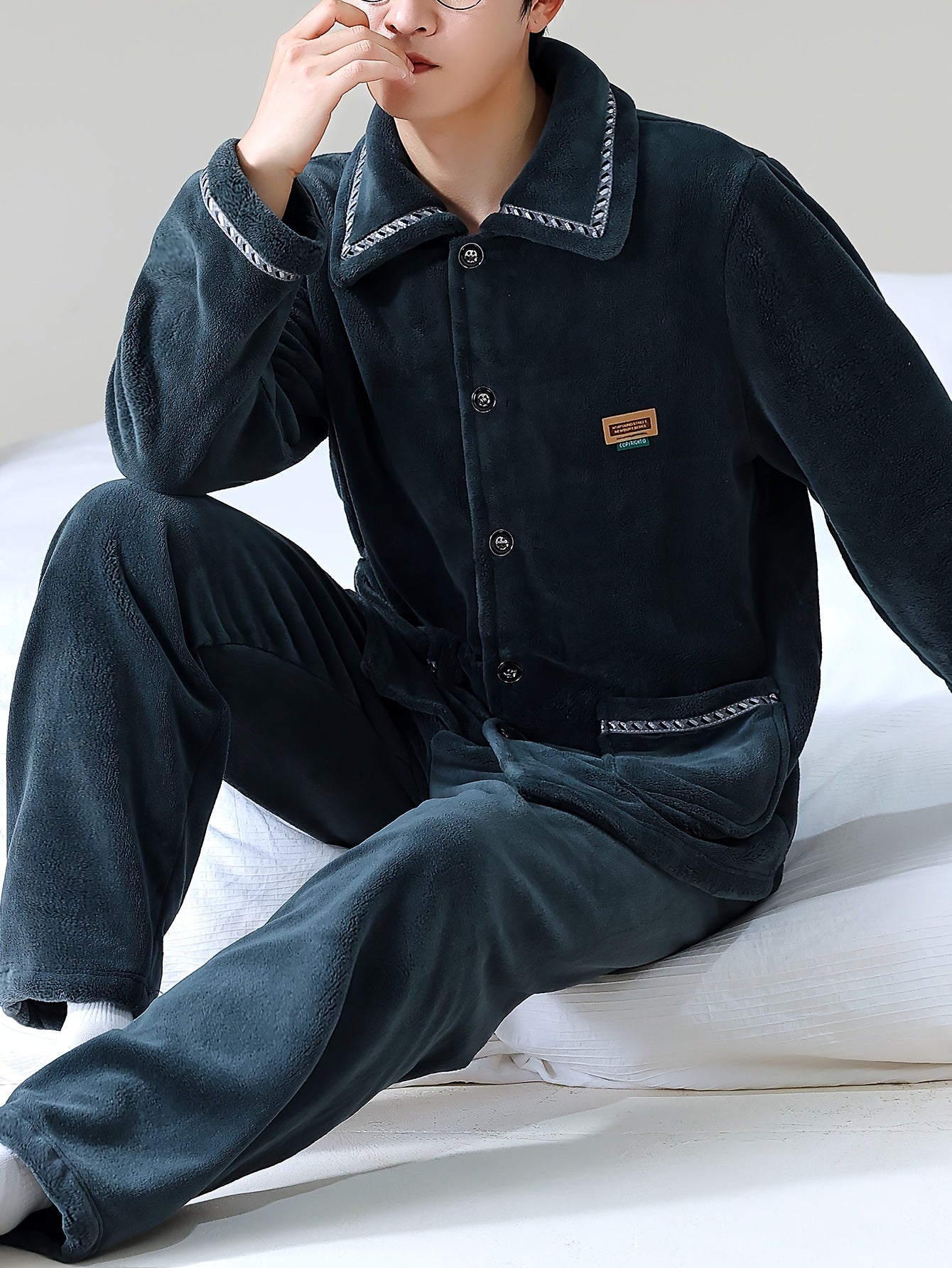 Men's Casual Striped Flannel Pajama Set Long Sleeve Knit Polyester Loose Fit for Fall Winter