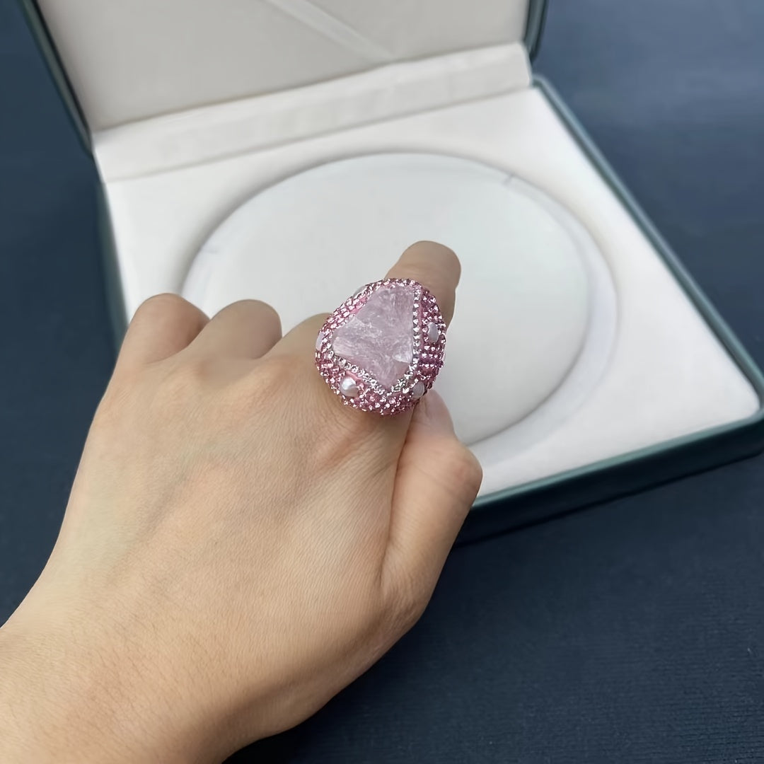 Women's Bohemian Pink Quartz Bracelet and Ring Set in 14K Gold Plated Titanium Alloy